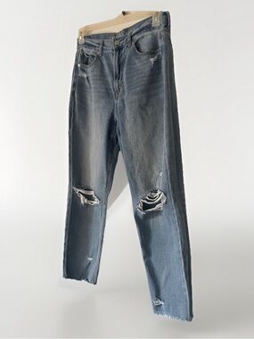 American Eagle-Women’s Mom Jeans, Light Blue Distressed Raw Hem Stretch Denim, 8